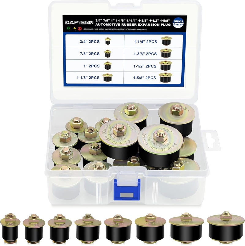 Daptemn 16PCS Expandable Freeze Rubber Plugs Kit, 8 Sizes Automotive Engine Rubber Expansion Freeze Plugs Fit Hole 3/4" 7/8" 1" 1-1/8" 1-1/4" 1-3/8" 1-1/2" 1-5/8" - Image 1